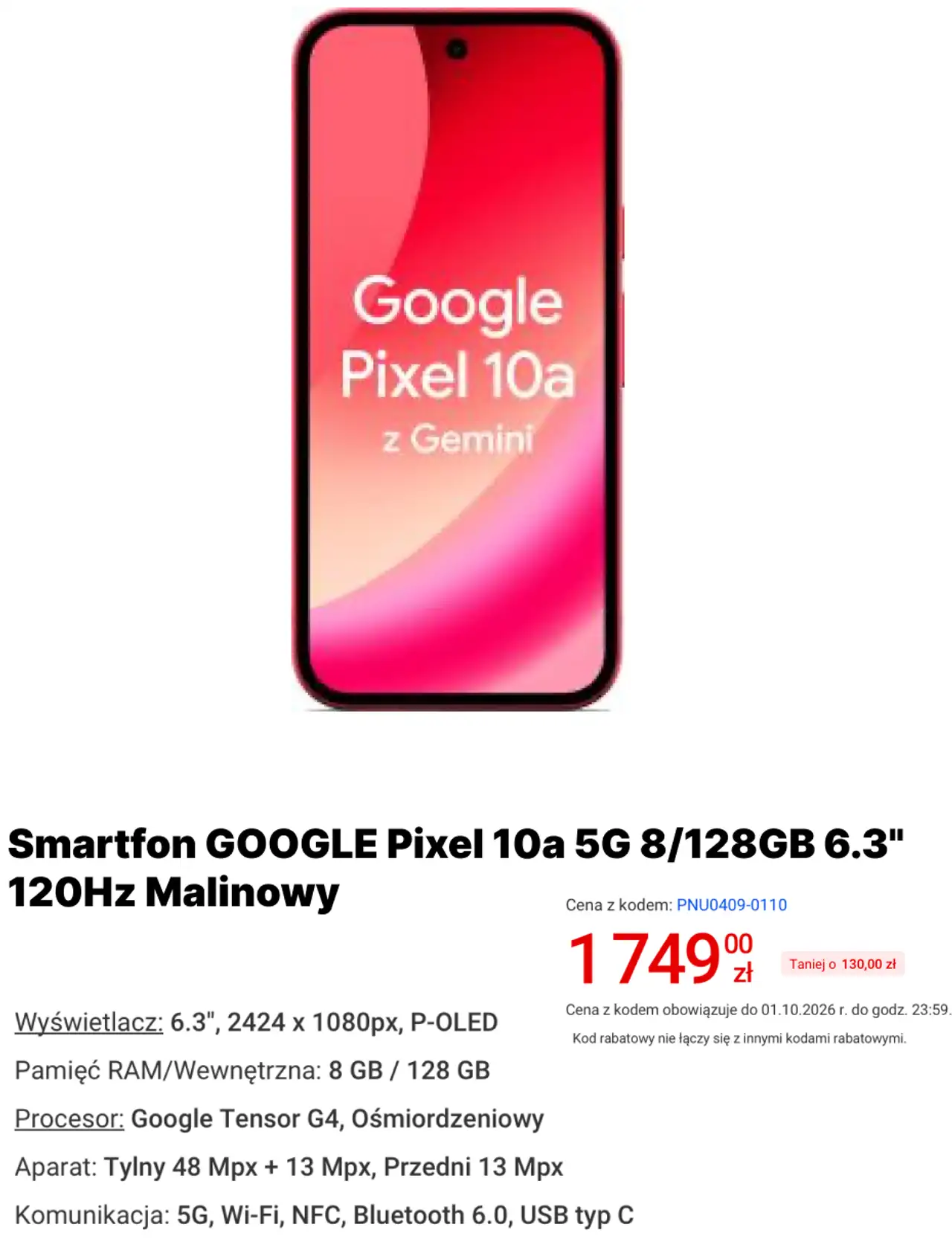 Smartfon GOOGLE Pixel 10a 5G 8/128GB 6.3" 120Hz Malinowy