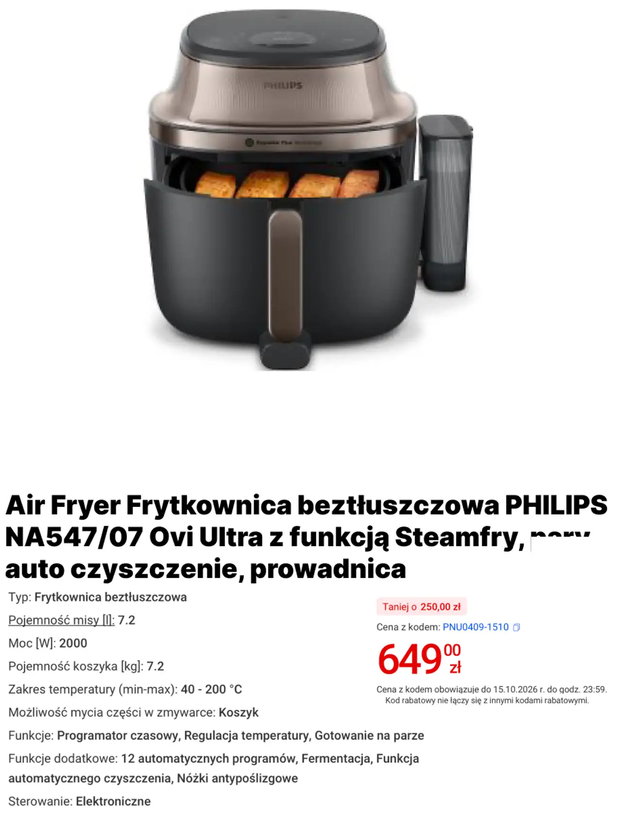 Air Fryer Frytkownica beztłuszczowa PHILIPS NA547/07 Ovi Ultra z funkcją Steamfry, pary auto czyszczenie, prowadnica