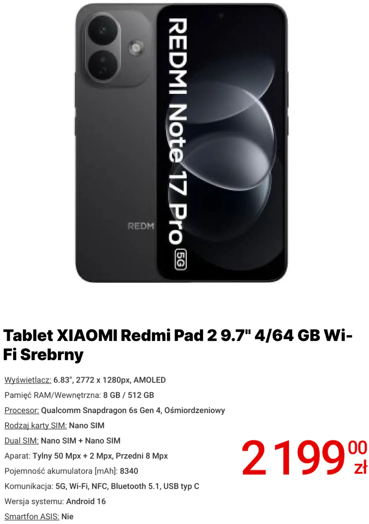 Tablet XIAOMI Redmi Pad 2 9.7" 4/64 GB Wi-Fi Srebrny