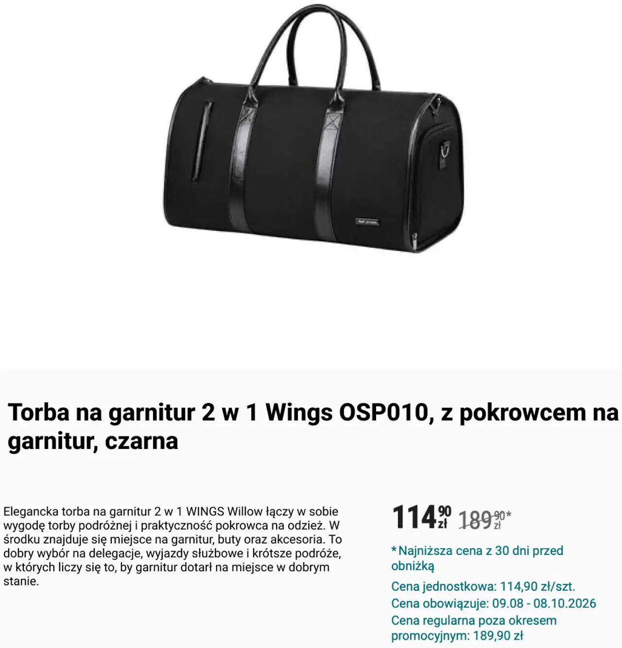 Torba na garnitur 2 w 1 Wings OSP010, z pokrowcem na garnitur, czarna
