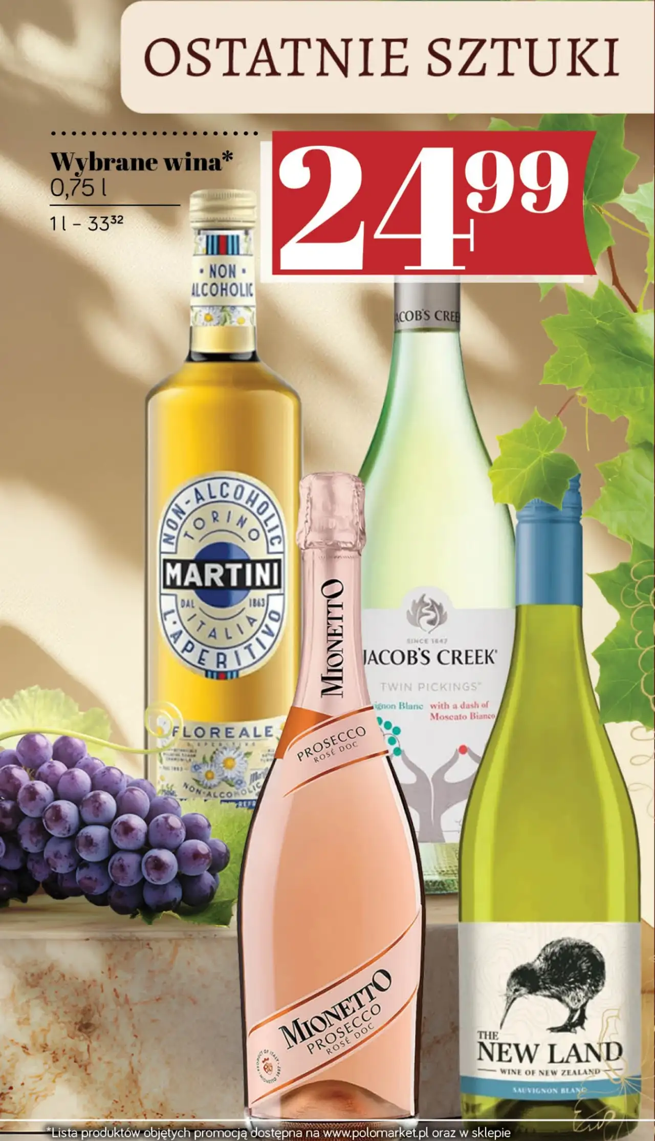 Wybrane wina (Martini Floreale, Mionetto Prosecco, Jacob's Creek, The New Land)