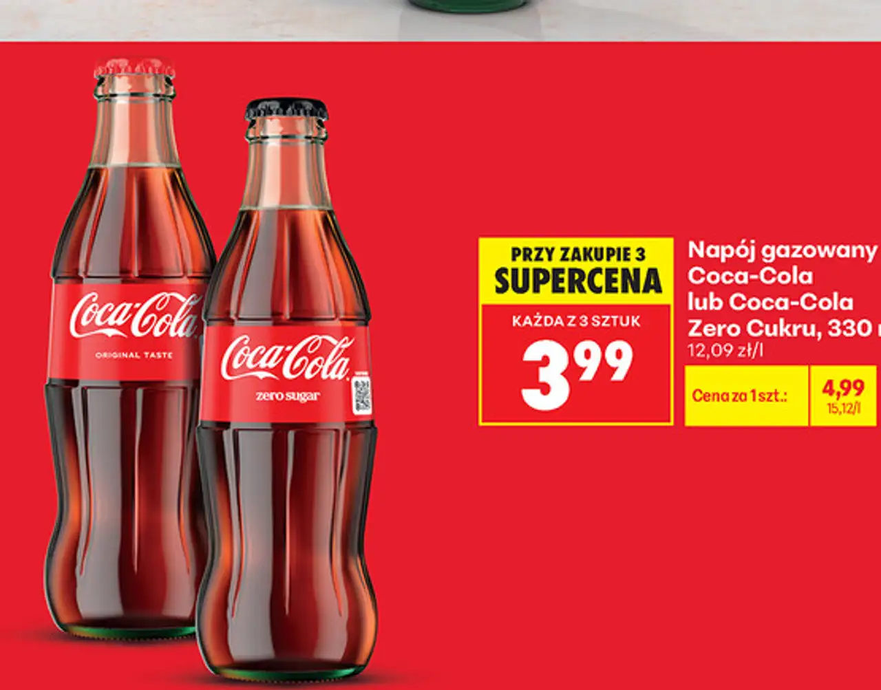 Napój gazowany Coca-Cola lub Coca-Cola Zero Cukru, 330 ml