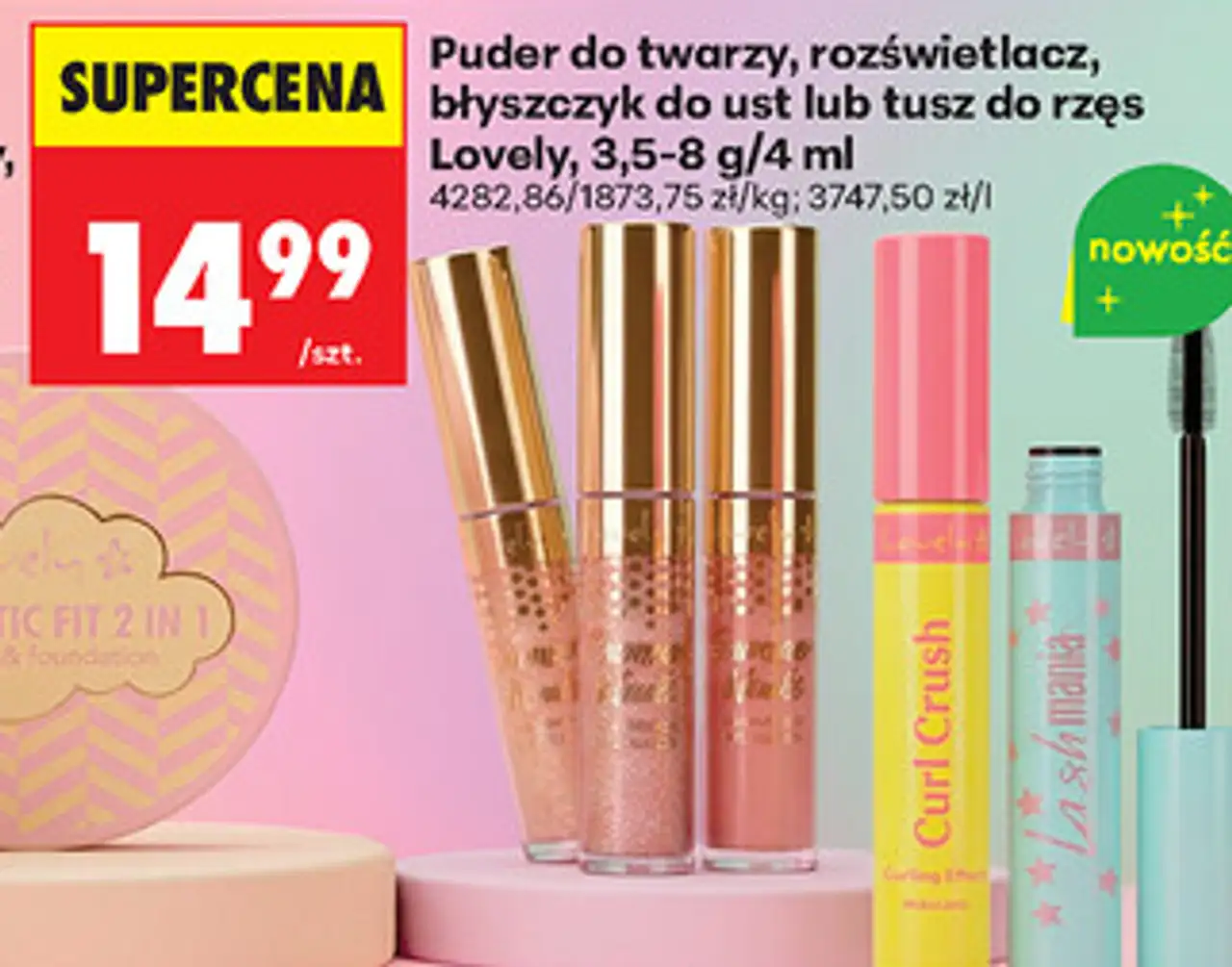 Puder do twarzy, rozświetlacz, błyszczyk do ust lub tusz do rzęs Lovely, 3,5-8 g/4 ml