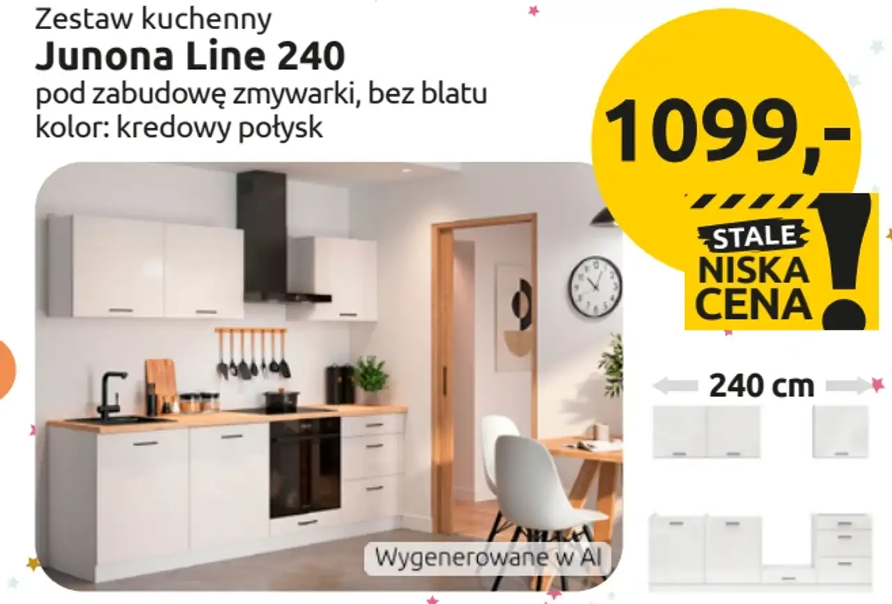 Zestaw kuchenny Junona Line 240 pod zabudowę zmywarki, bez blatu, kolor: kredowy połysk