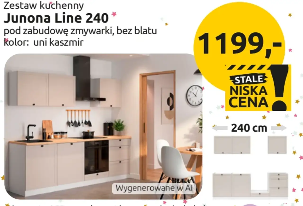 Zestaw kuchenny Junona Line 240 pod zabudowę zmywarki, bez blatu, kolor: uni kaszmir