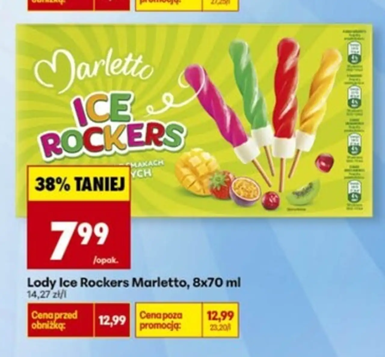 Lód waniliowy w polewie kiwi x2 + mango-marakuja truskawka wiśnia Marletto Ice Rockers