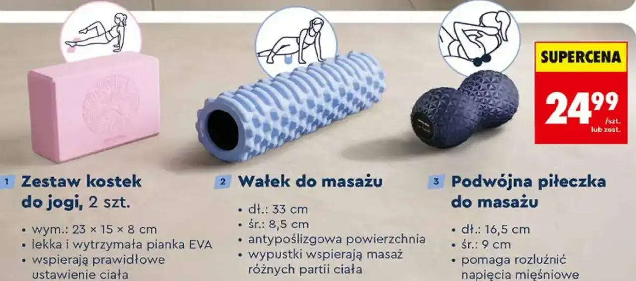 Zestaw kostek do jogi, 2 szt., Wałek do masażu lub Podwójna piłeczka do masażu Spokey