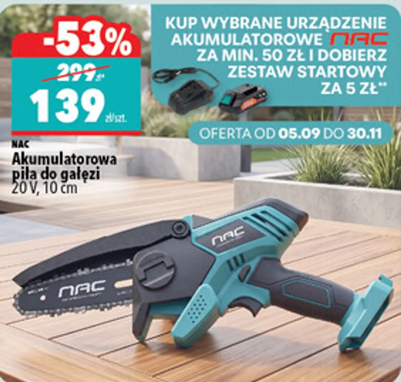 Akumulatorowa piła do gałęzi NAC 20 V, 10 cm