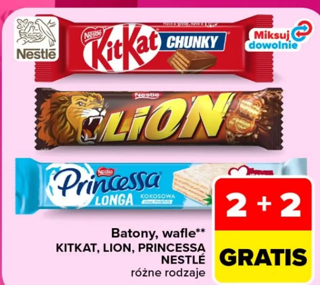 Batony, wafle KitKat, Lion, Princessa Nestlé