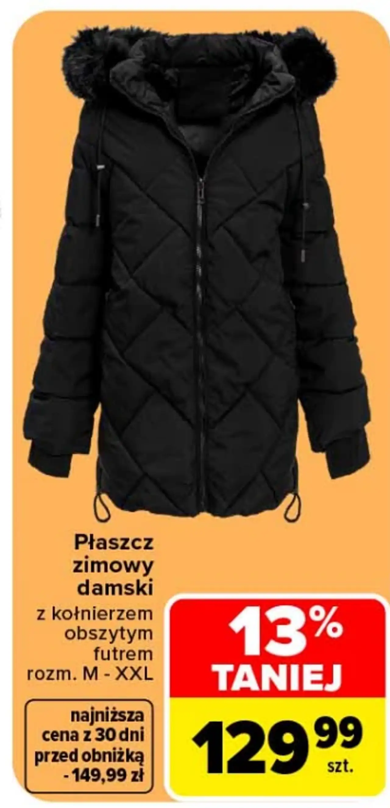 Płaszcz zimowy damski z kołnierzem obszytym futrem