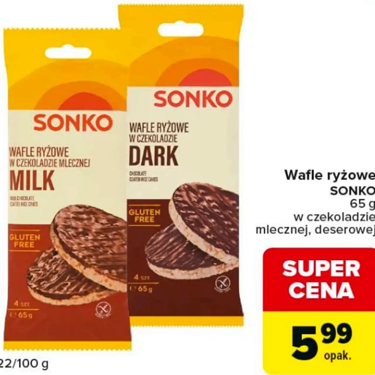 Wafle ryżowe SONKO 65 g w czekoladzie mlecznej, deserowej
