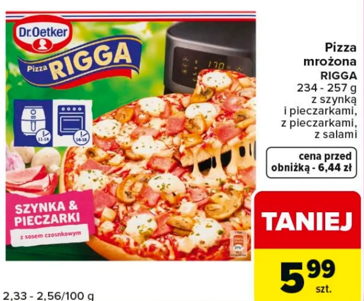 Pizza mrożona RIGGA z szynką i pieczarkami, z pieczarkami, z salami