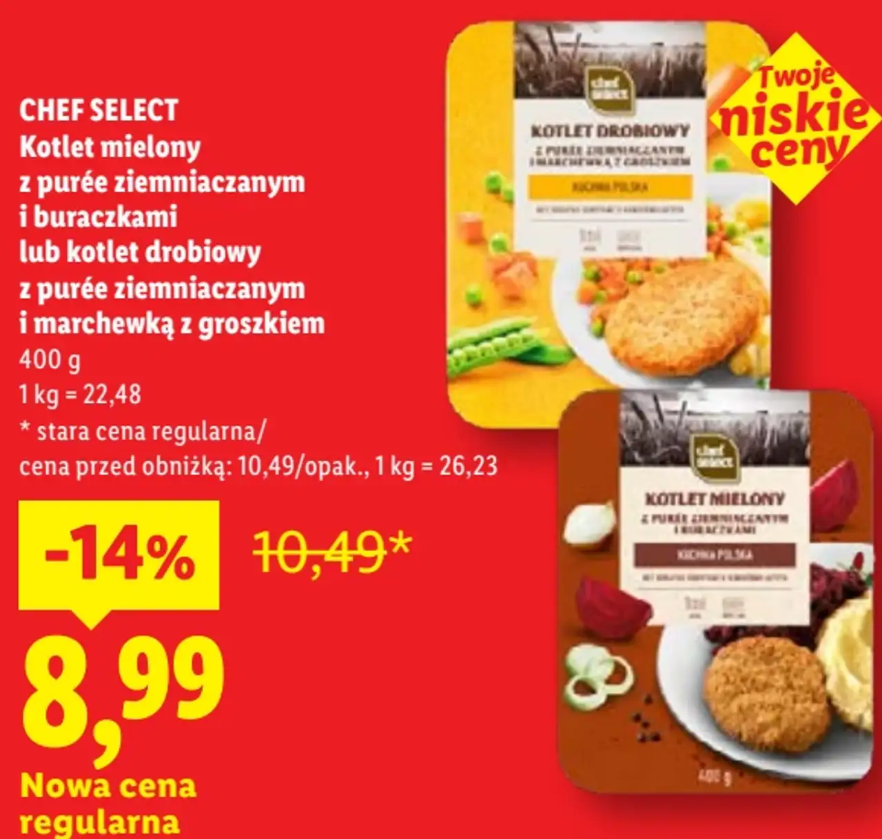 CHEF SELECT Kotlet mielony z purée ziemniaczanym i buraczkami lub kotlet drobiowy z purée ziemniaczanym i marchewką z groszkiem