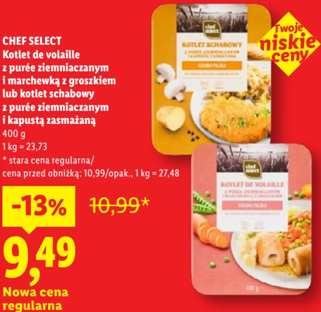 CHEF SELECT Kotlet de volaille z purée ziemniaczanym i marchewką z groszkiem lub kotlet schabowy z purée ziemniaczanym i kapustą zasmażaną