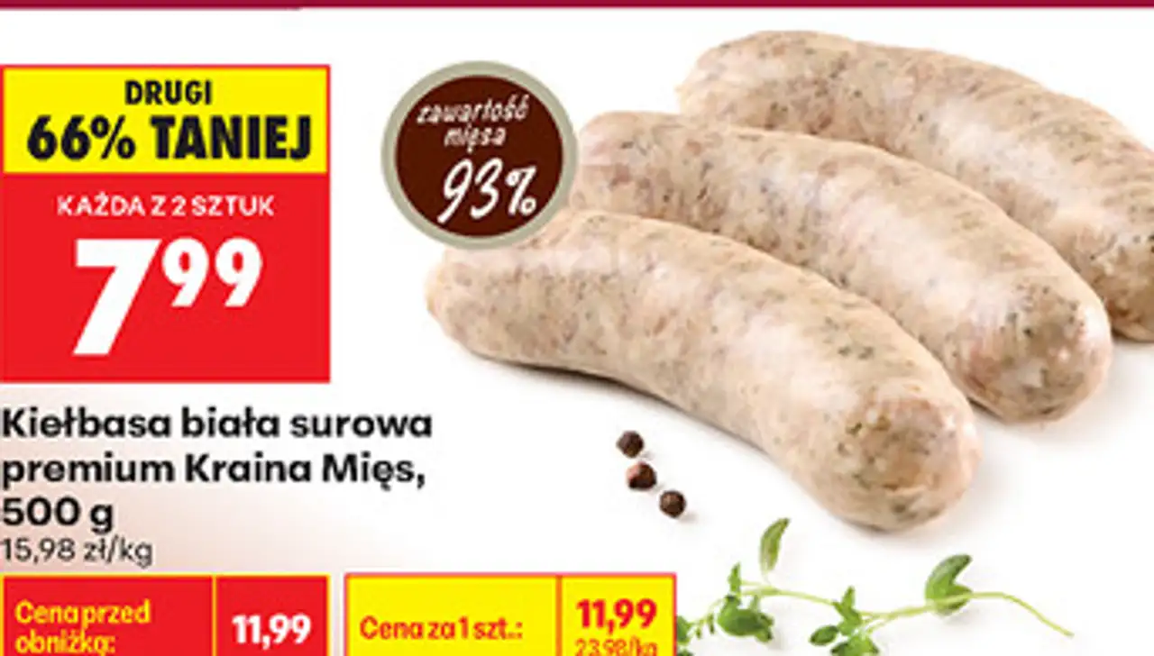 Kiełbasa biała surowa premium Kraina Mięs, 500 g