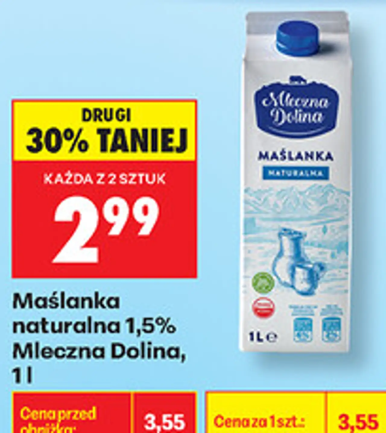 Maślanka naturalna 1,5% Mleczna Dolina, 1 l