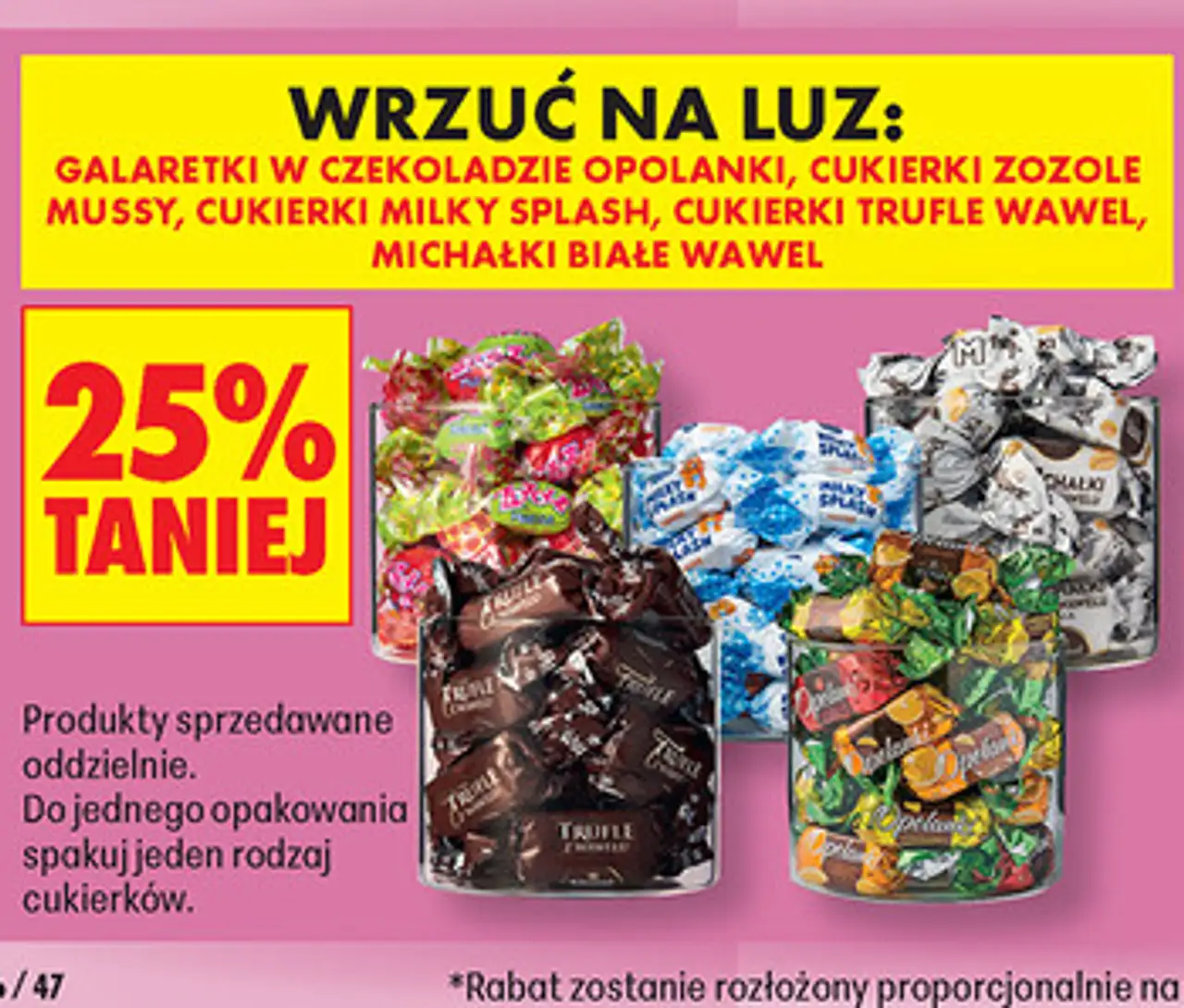 Galaretki w czekoladzie Opolanki, cukierki Zozole Mussy, cukierki Milky Splash, cukierki Trufle Wawel, Michałki Białe Wawel na wagę