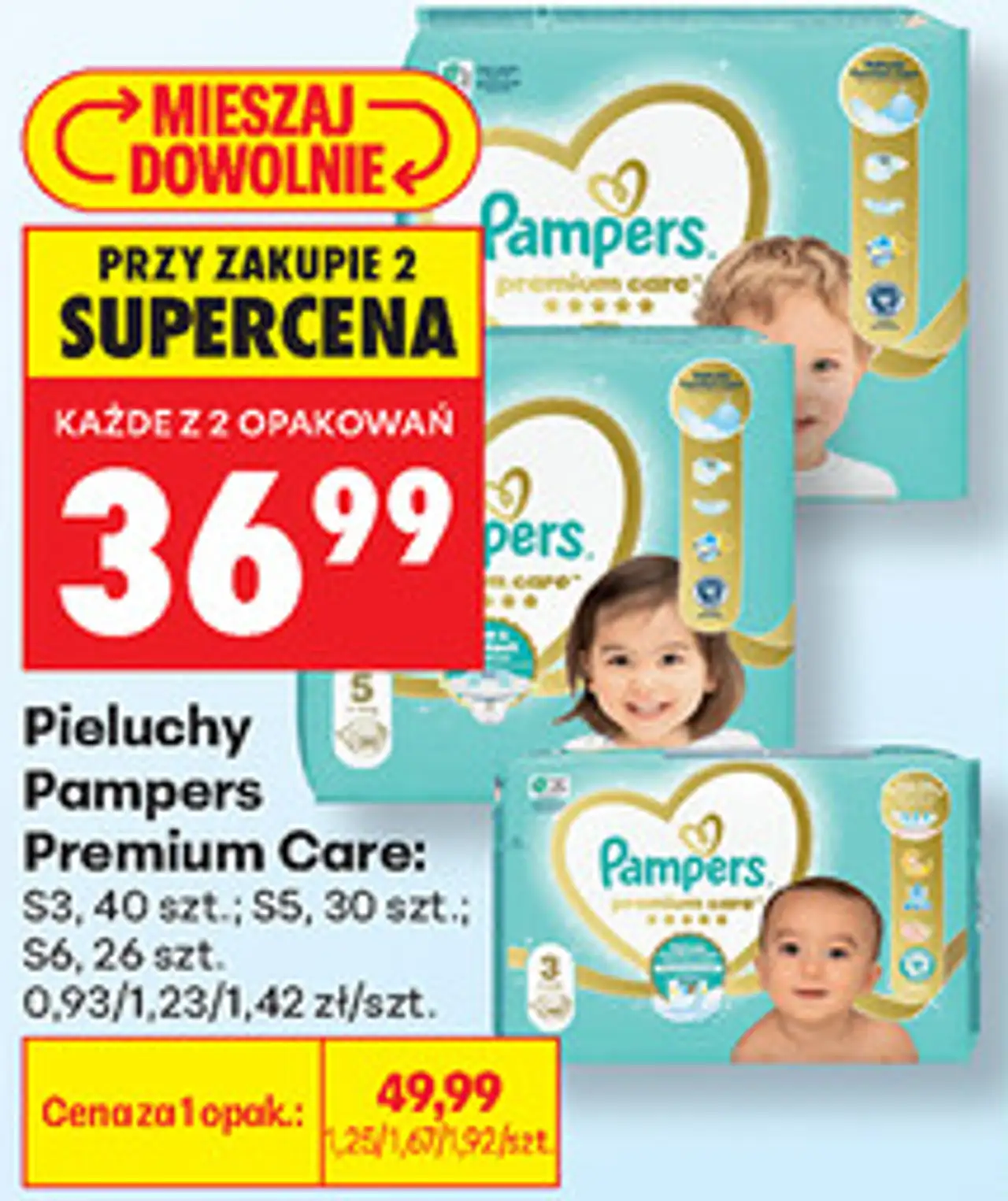 Pieluchy Pampers Premium Care: S3, 40 szt.; S5, 30 szt.; S6, 26 szt.