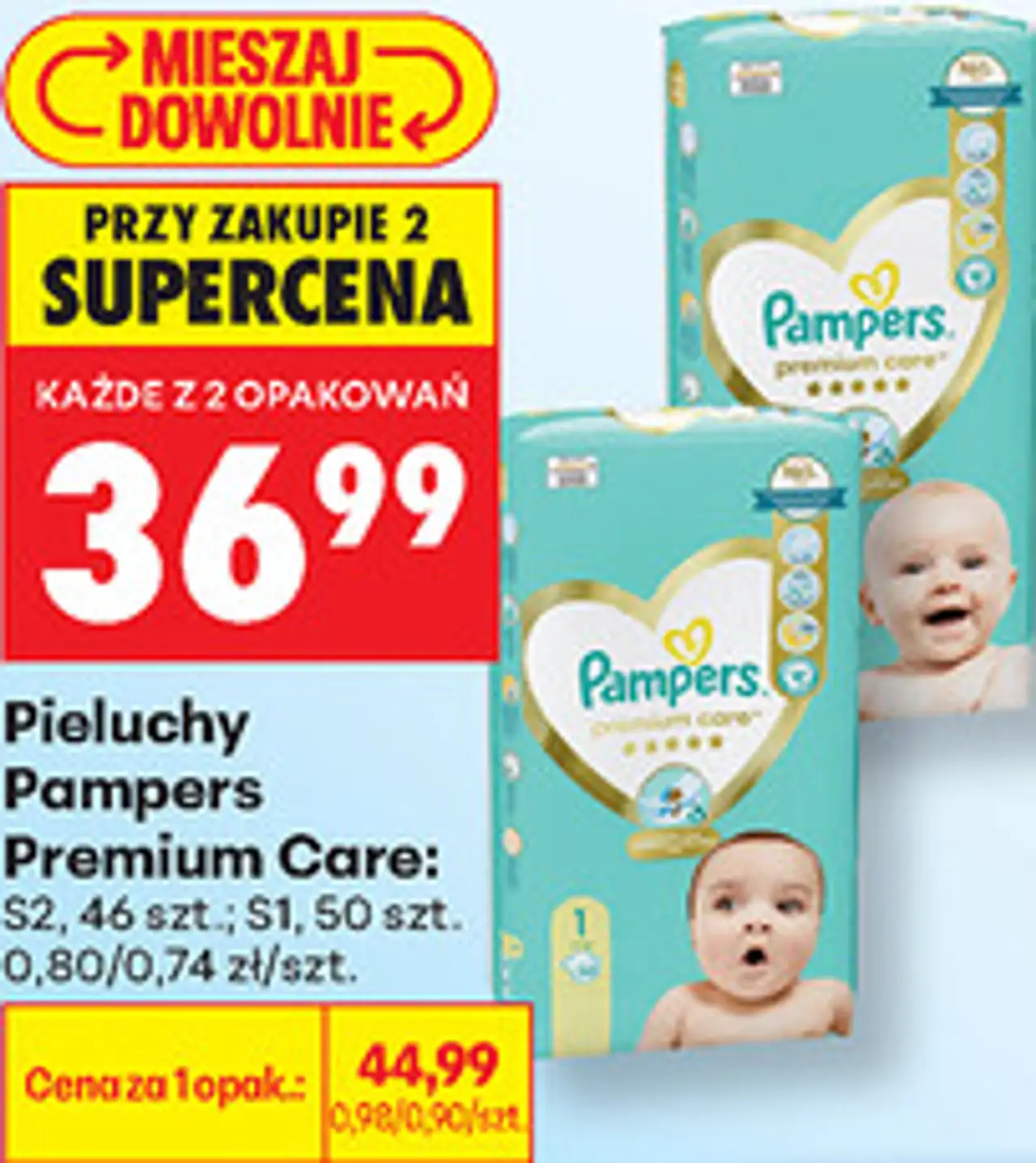 Pieluchy Pampers Premium Care: S2, 46 szt.; S1, 50 szt.