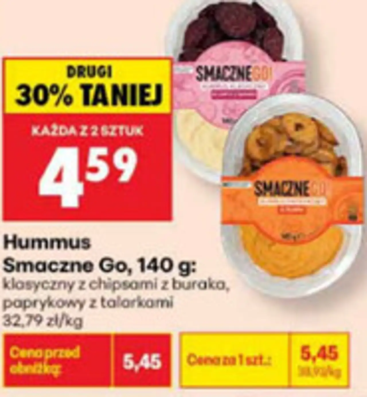 Hummus Smaczne Go (klasyczny z chipsami z buraka, paprykowy z talarkami)