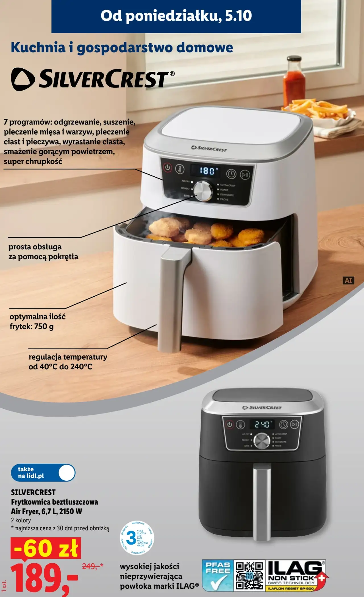 SILVERCREST Frytkownica beztłuszczowa Air Fryer, 6,7 L, 2150 W