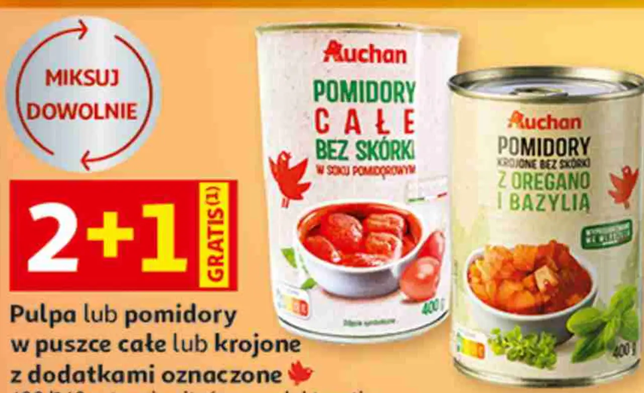 Pulpa lub pomidory w puszce całe lub krojone z dodatkami Auchan, 400/240 g