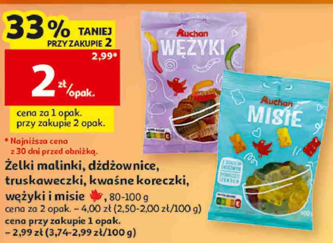 Żelki malinki, dżdżownice, truskaweczki, kwaśne koreczki, wężyki i misie Auchan