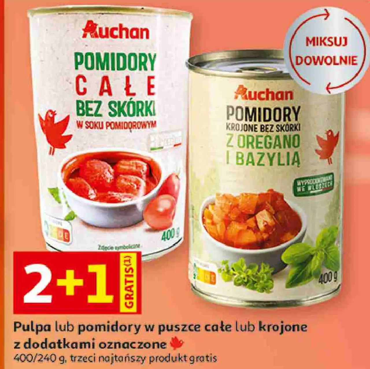 Pulpa lub pomidory w puszce całe lub krojone z dodatkami Auchan