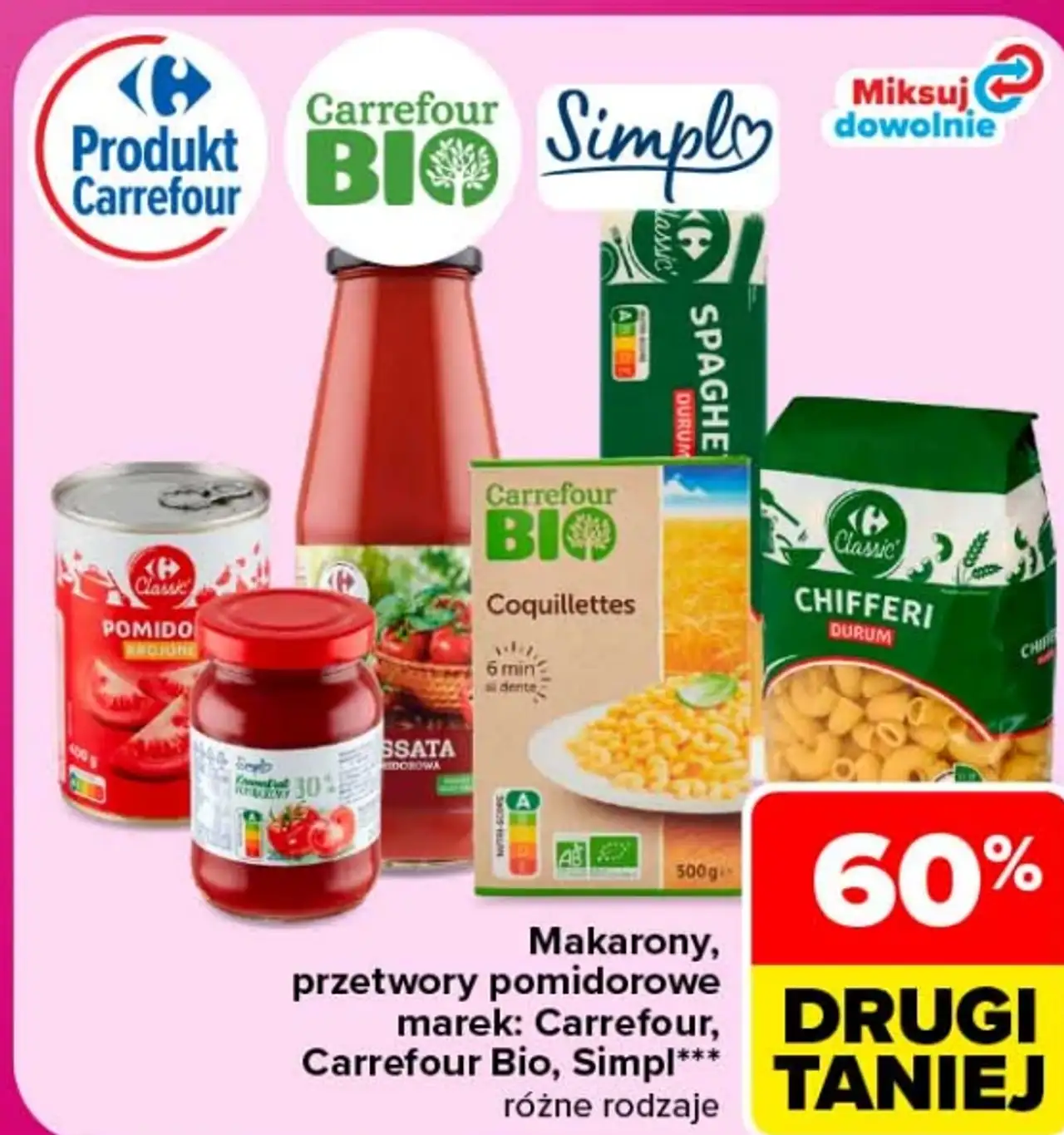 Makarony, przetwory pomidorowe marek: Carrefour, Carrefour Bio, Simpl
