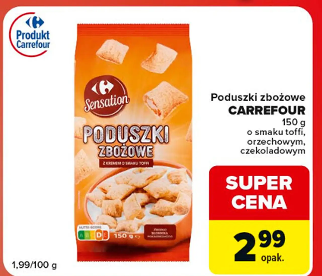 Poduszki zbożowe z kremem o smaku orzechowym Carrefour Sensation