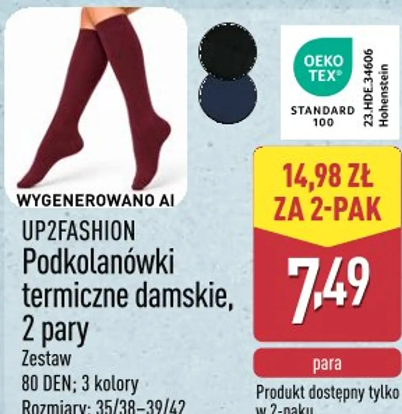UP2FASHION Podkolanówki termiczne damskie, 2 pary