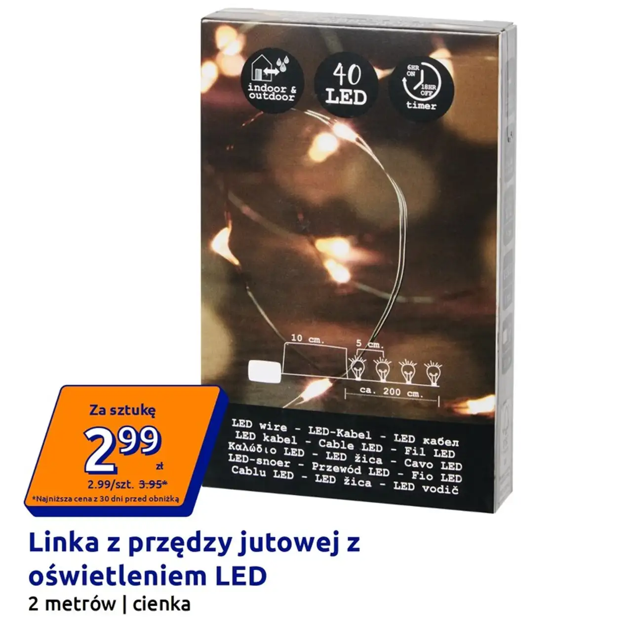 Linka z przędzy jutowej z oświetleniem LED 2 metrów | cienka