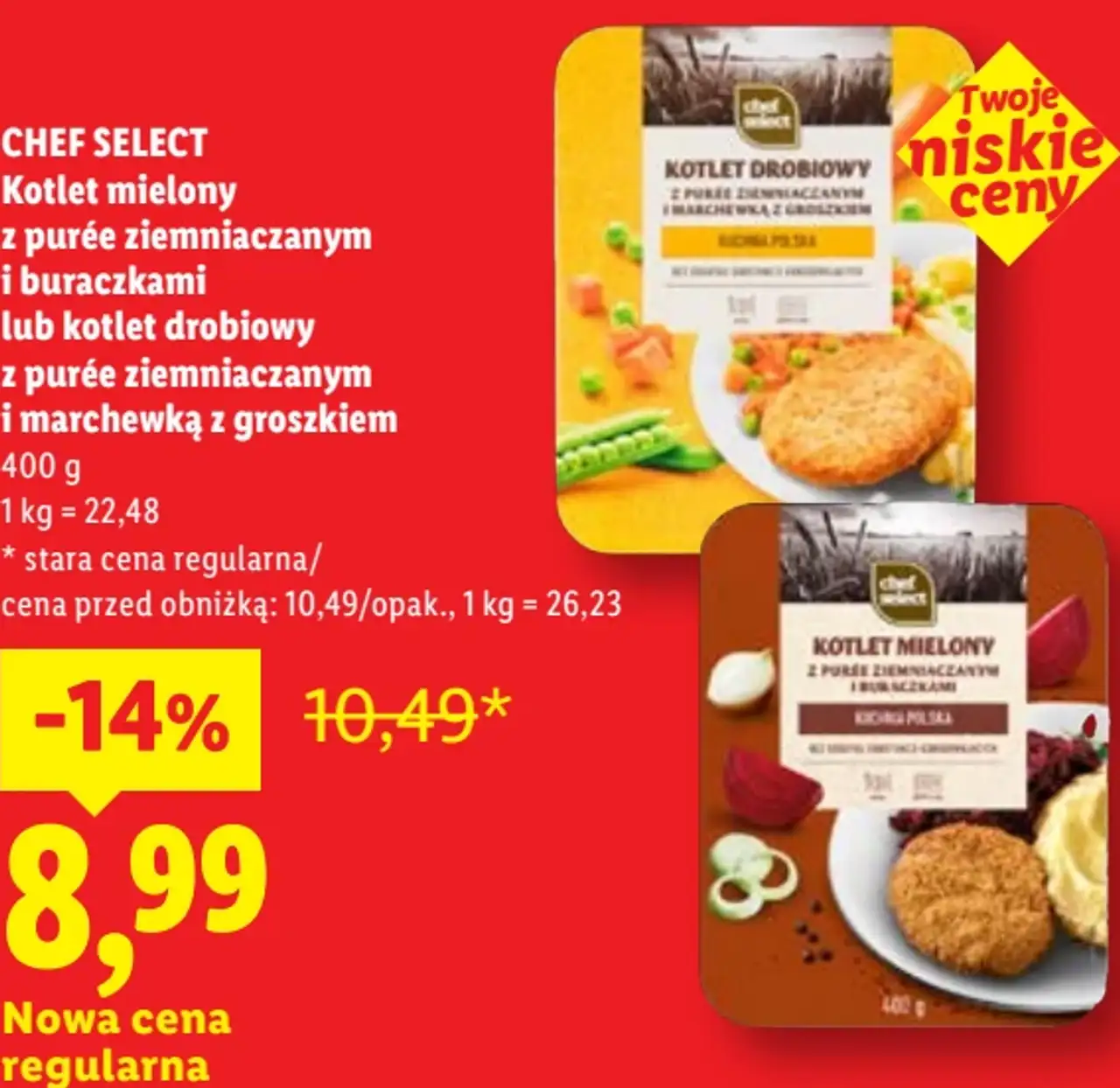 CHEF SELECT Kotlet mielony z purée ziemniaczanym i buraczkami lub kotlet drobiowy z purée ziemniaczanym i marchewką z groszkiem