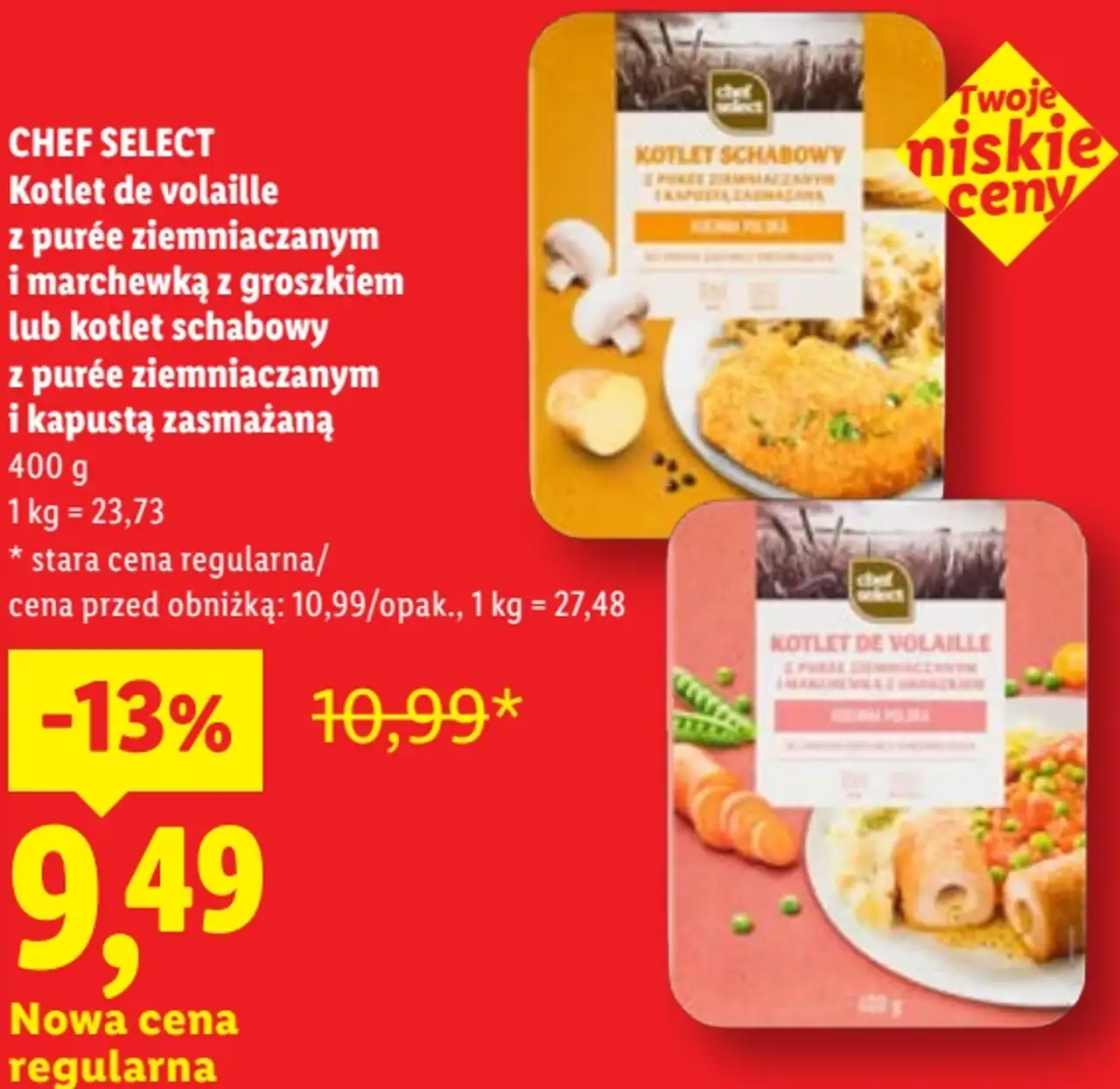 CHEF SELECT Kotlet de volaille z purée ziemniaczanym i marchewką z groszkiem lub kotlet schabowy z purée ziemniaczanym i kapustą zasmażaną