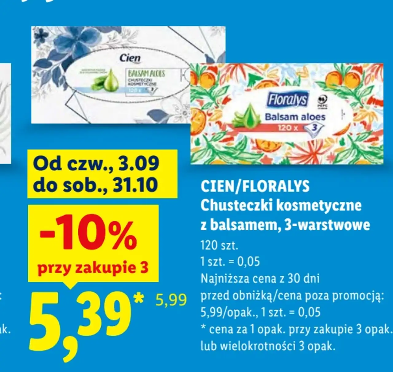 CIEN/FLORALYS Chusteczki kosmetyczne z balsamem, 3-warstwowe