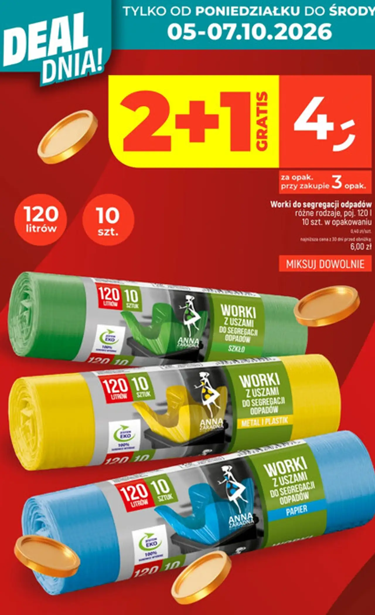 Anna Zaradna Worki z uszami do segregacji odpadów 120 l 10 szt.