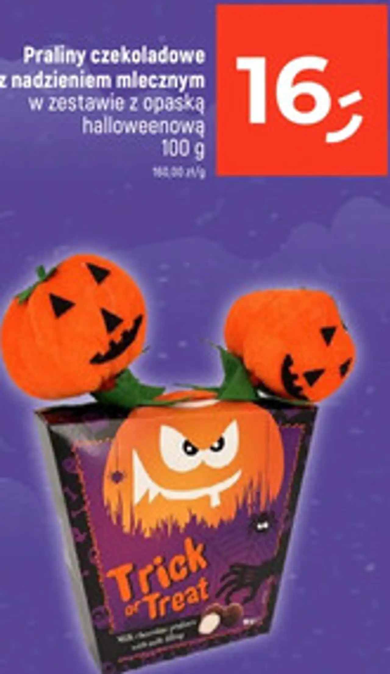 Praliny czekoladowe z nadzieniem mlecznym w zestawie z opaską halloweenową Trick or Treat