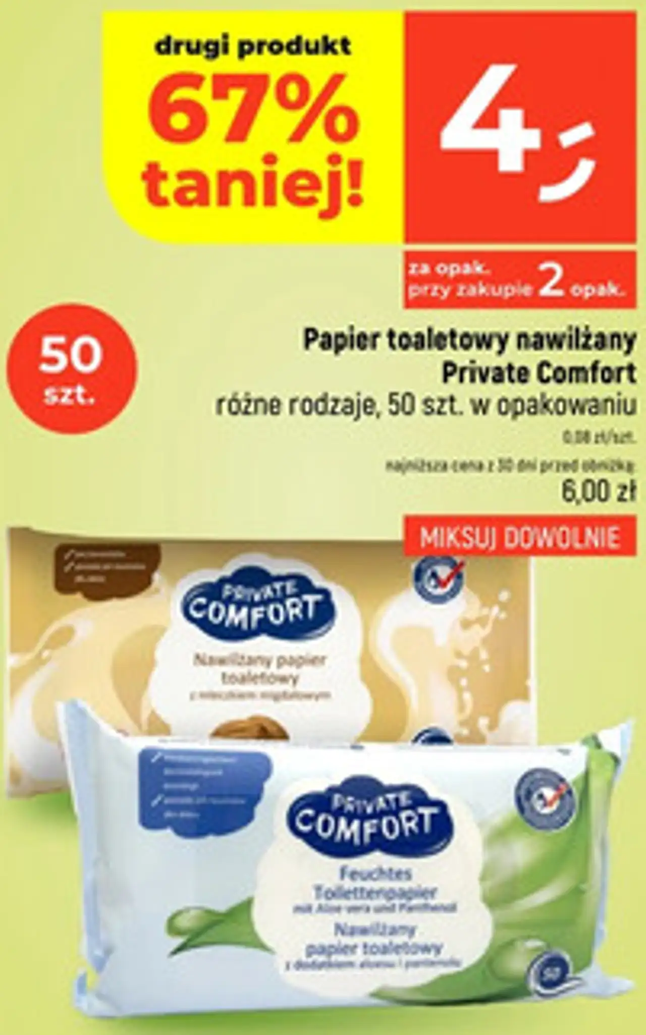 Papier toaletowy nawilżany Private Comfort różne rodzaje, 50 szt. w opakowaniu