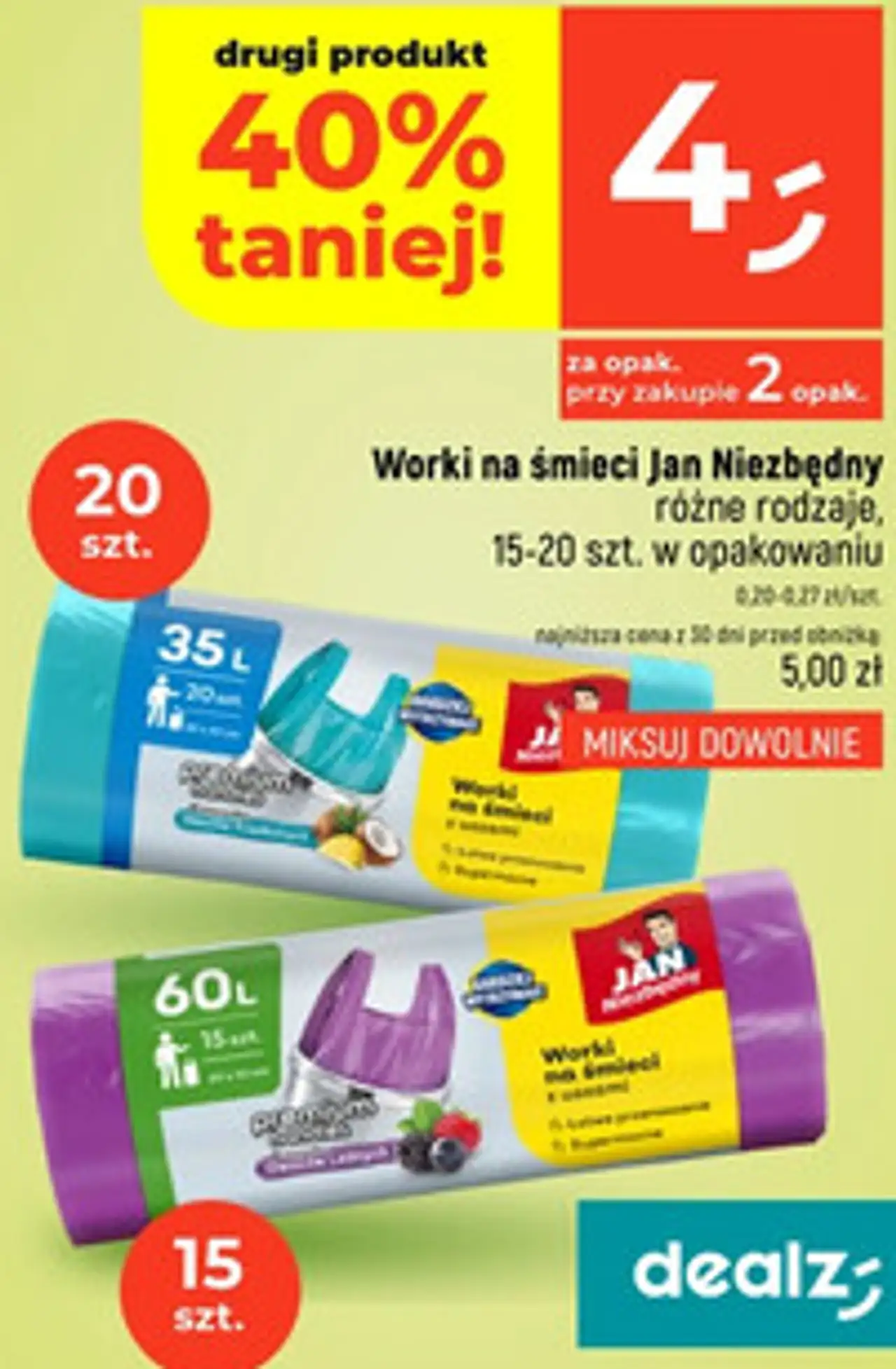 Worki na śmieci Jan Niezbędny różne rodzaje, 15-20 szt. w opakowaniu