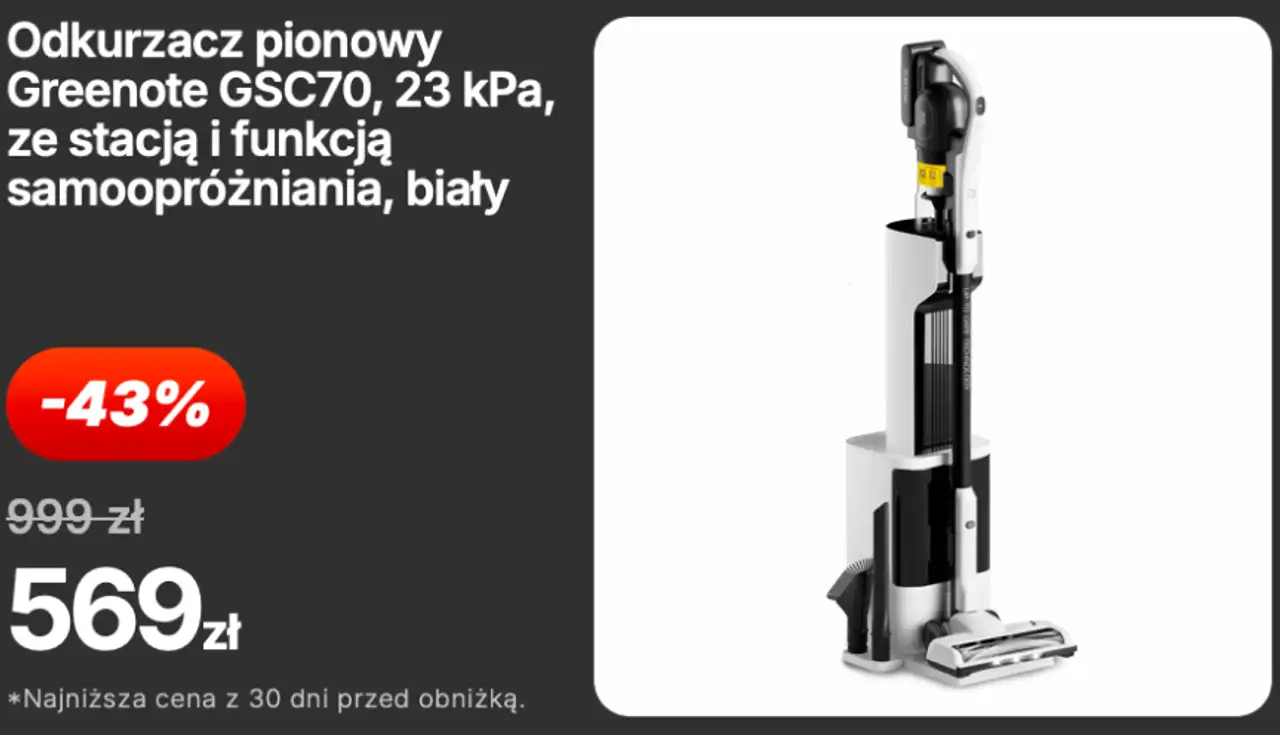 Odkurzacz pionowy Greenote GSC70, 23 kPa, ze stacją i funkcją samoopróżniania, biały