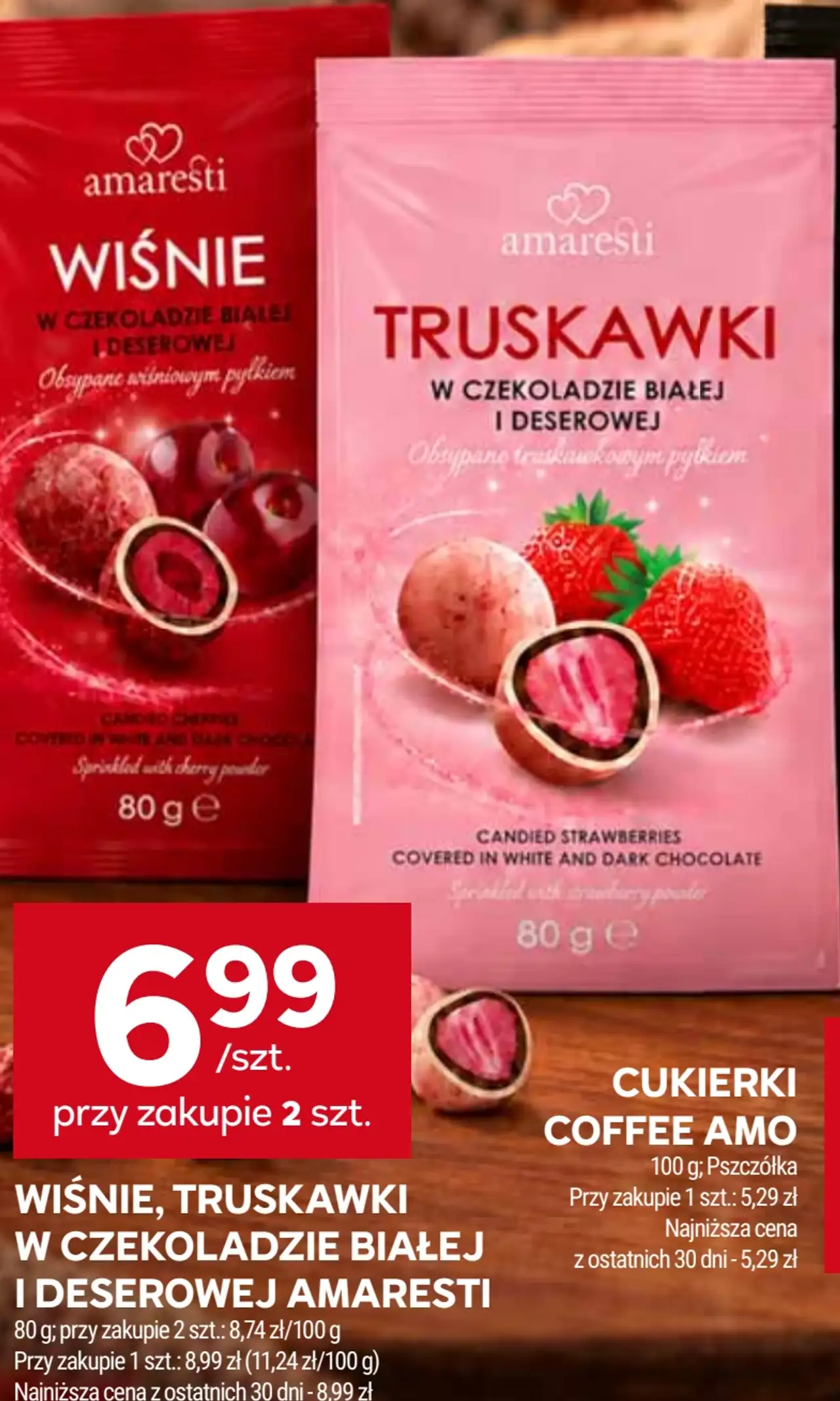 Wiśnie, truskawki w czekoladzie białej i deserowej Amaresti