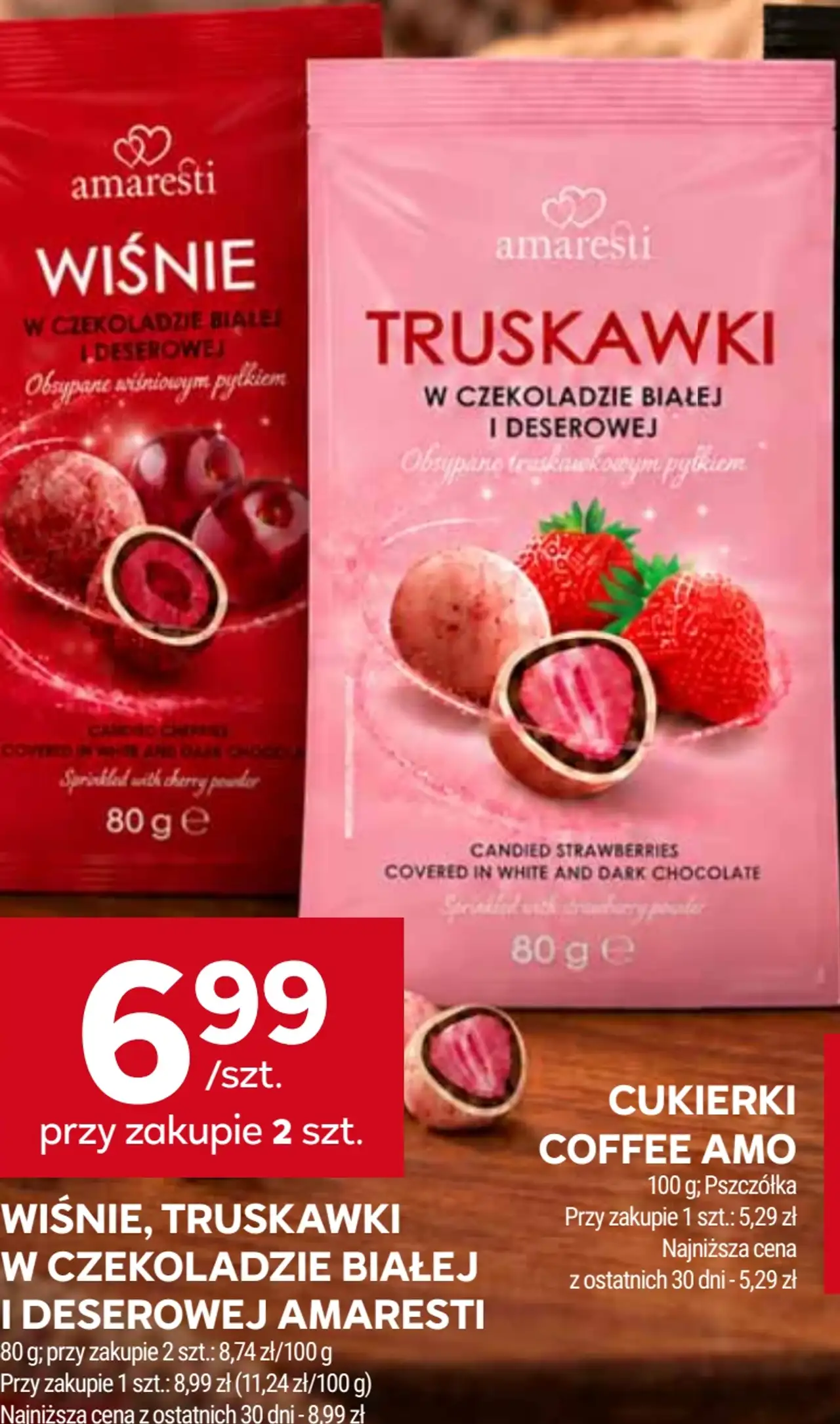 Wiśnie lub truskawki w czekoladzie białej i deserowej Amaresti