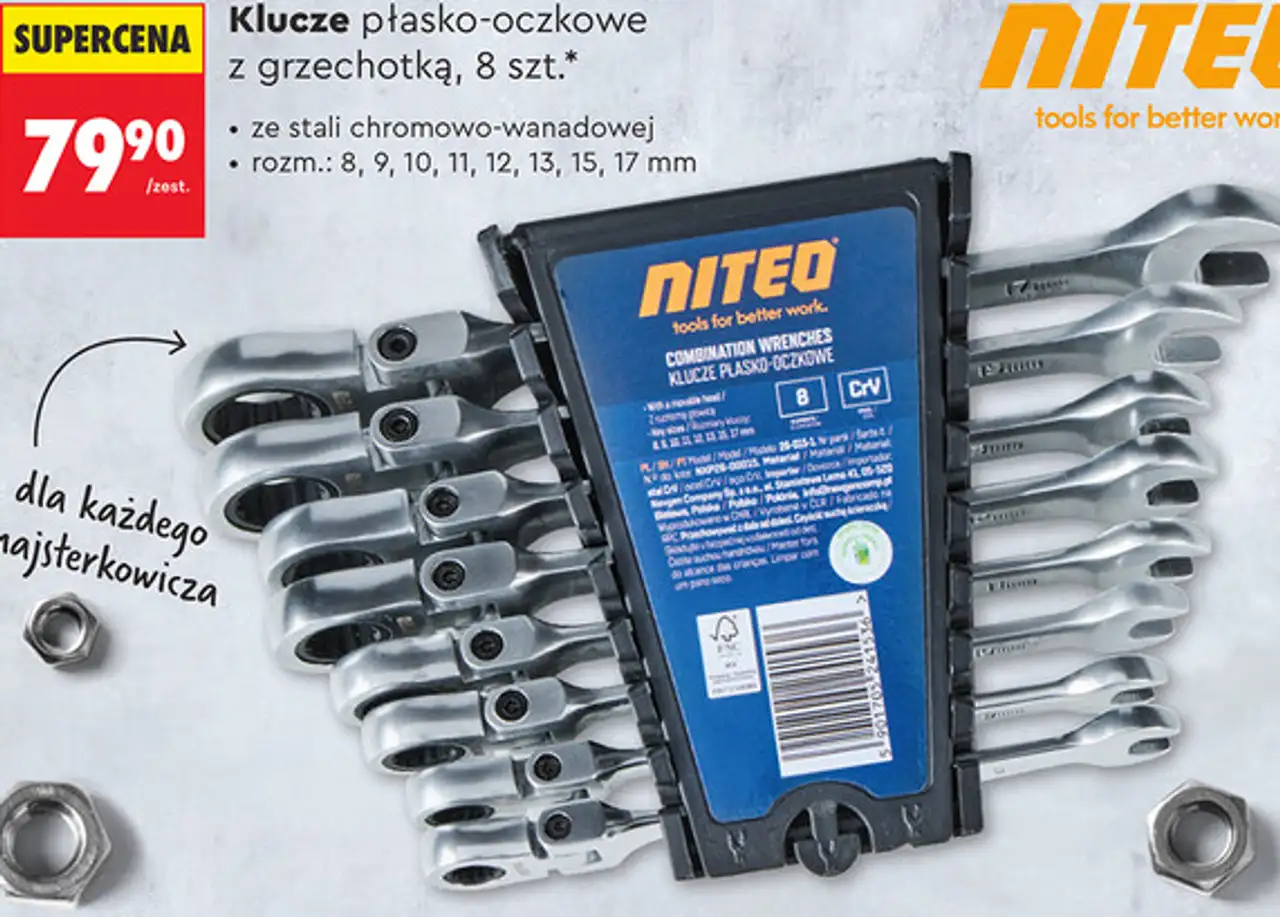 Klucze płasko-oczkowe z grzechotką Niteo