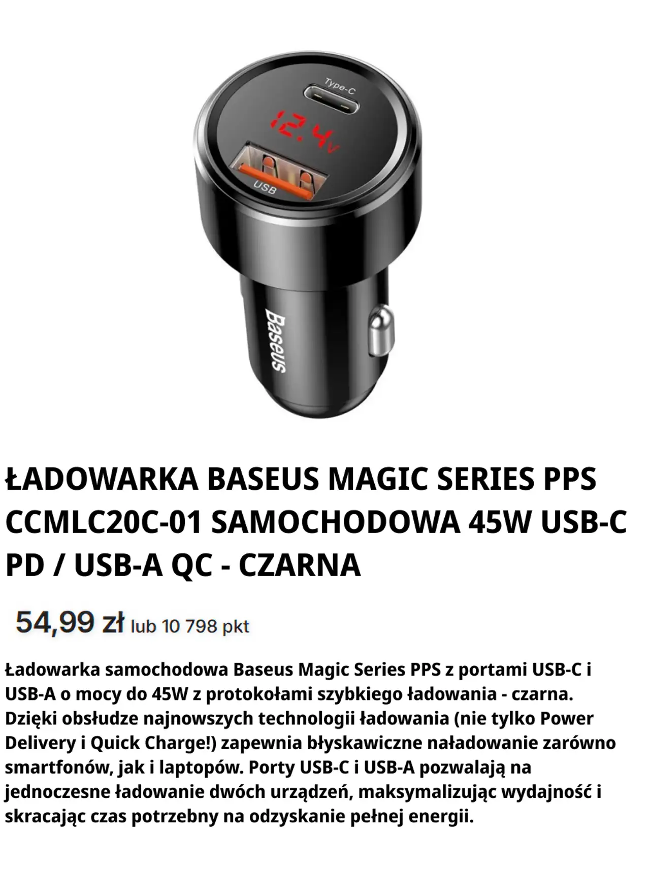 Ładowarka Baseus Magic Series PPS CCMLC20C-01 Samochodowa 45W USB-C PD / USB-A QC - czarna