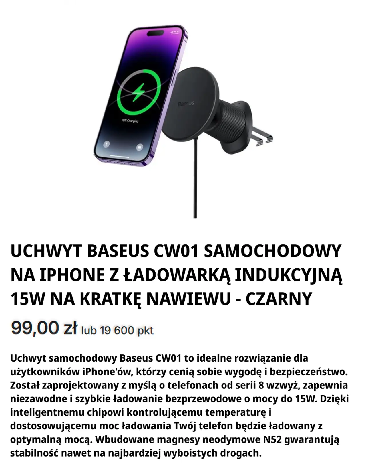 Baseus CW01 uchwyt samochodowy na iPhone z ładowarką indukcyjną 15W na kratkę nawiewu - czarny