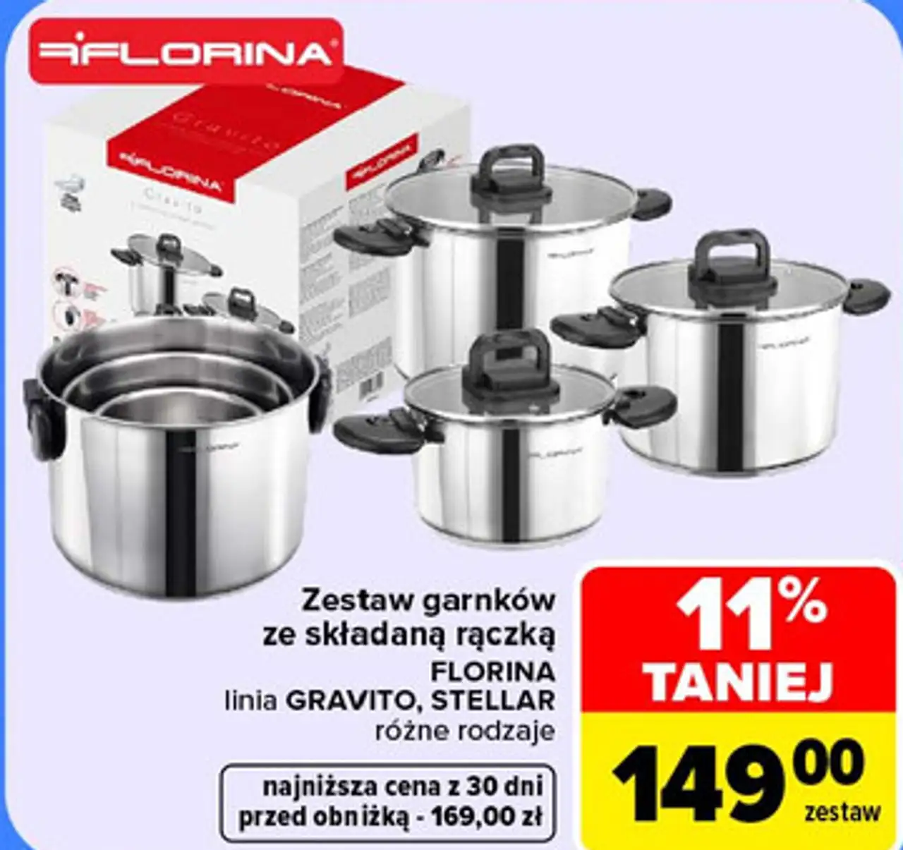 Zestaw garnków ze składaną rączką Florina linia Gravito, Stellar