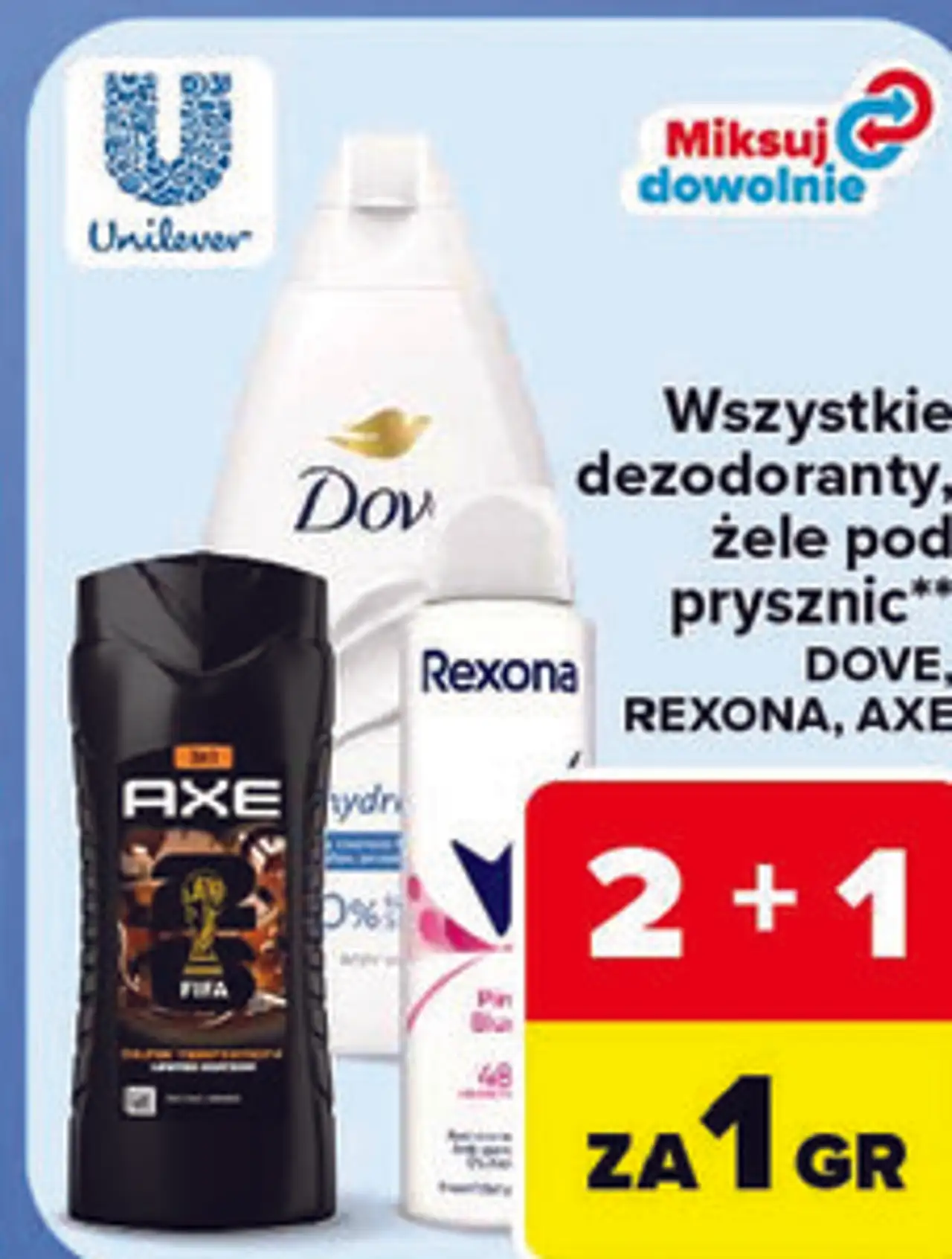 Dezodoranty i żele pod prysznic Dove, Rexona, Axe