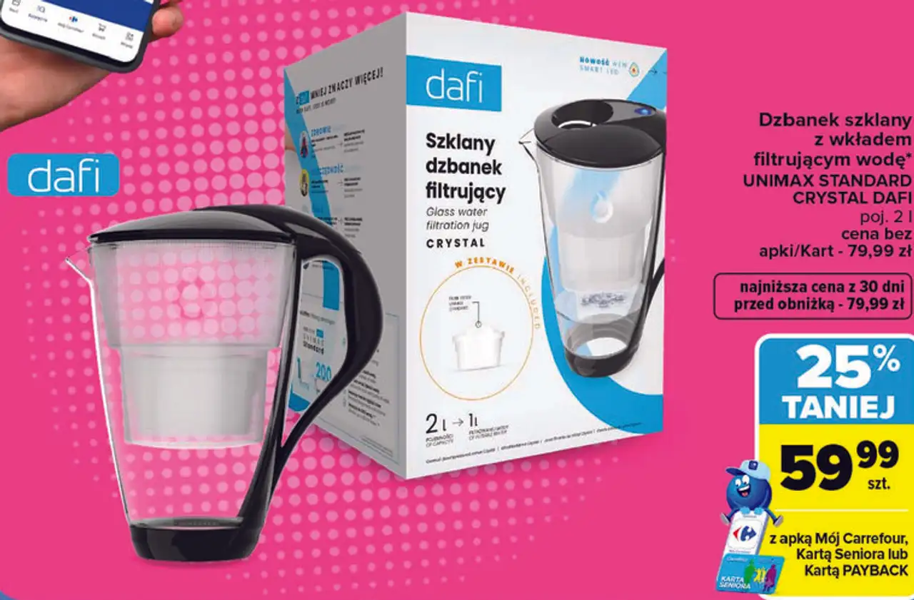 Dzbanek szklany z wkładem filtrującym wodę UNIMAX STANDARD CRYSTAL DAFI