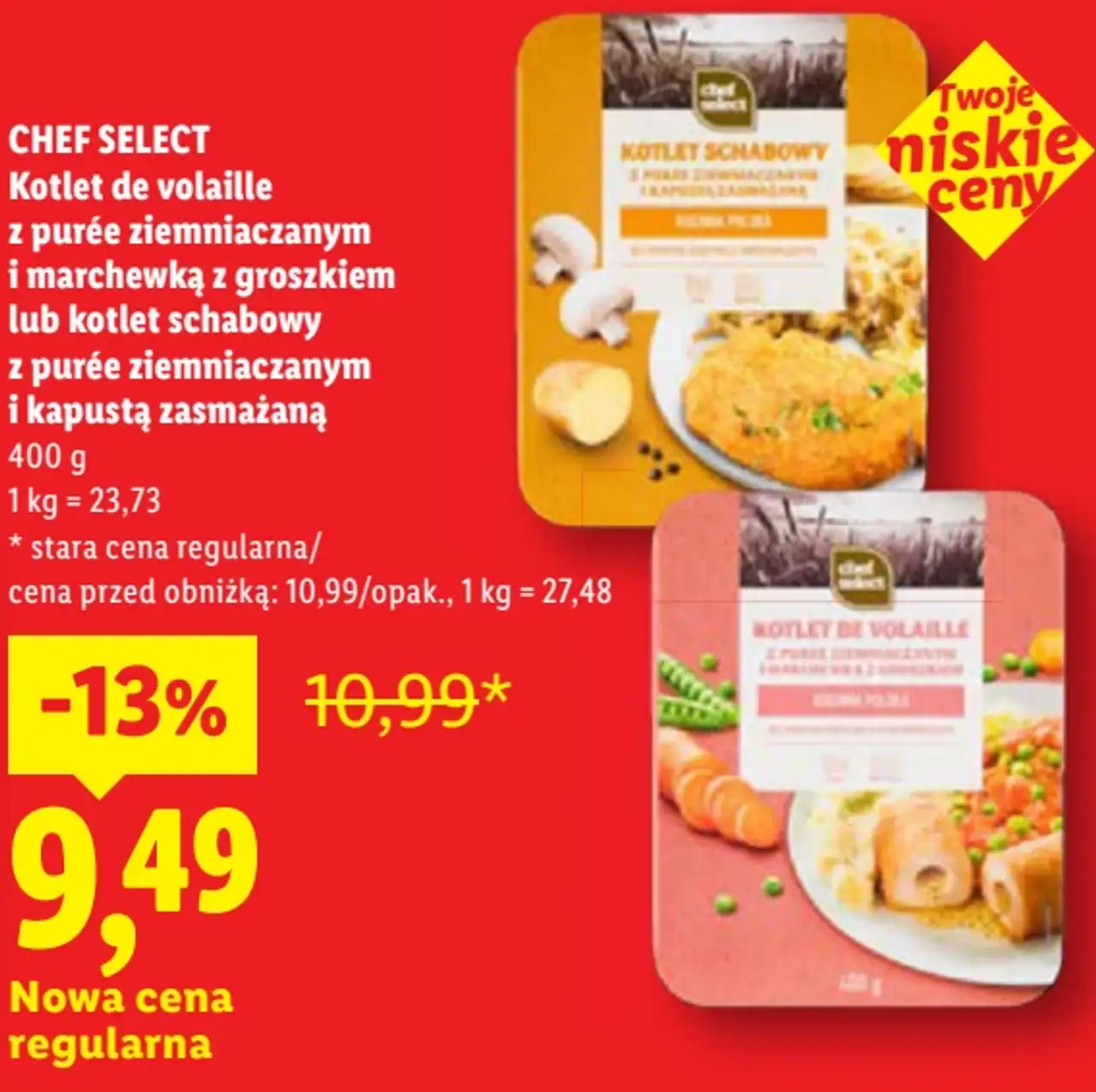 CHEF SELECT Kotlet de volaille z purée ziemniaczanym i marchewką z groszkiem lub kotlet schabowy z purée ziemniaczanym i kapustą zasmażaną