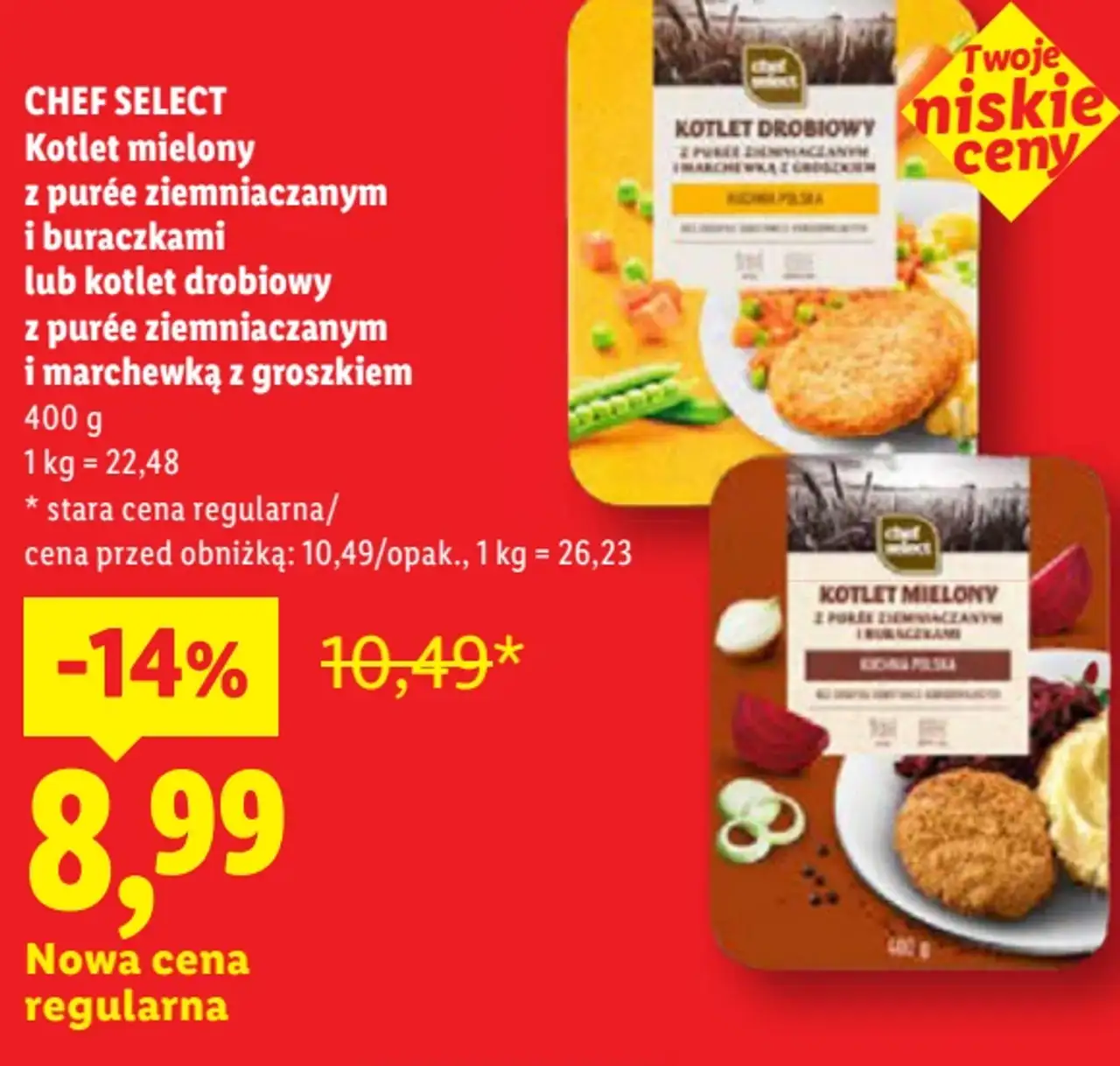 CHEF SELECT Kotlet mielony z purée ziemniaczanym i buraczkami lub kotlet drobiowy z purée ziemniaczanym i marchewką z groszkiem
